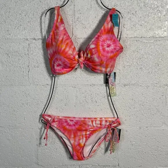 SUNDAZED Harper Tie-Dyed Bikini Top & Strappy Bottoms, CORAL 32DD/S - Picture 1 of 15